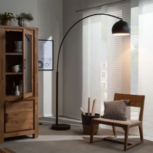 overhead Floor lamp with long bent stand with chair