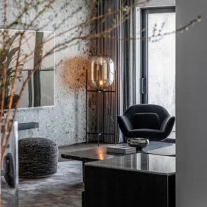 glass floor lamp in the corner