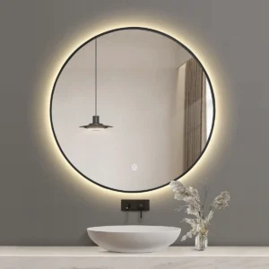 round led mirror with black outline and back light yellowish