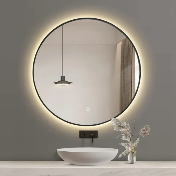 round led mirror with black outline and back light yellowish