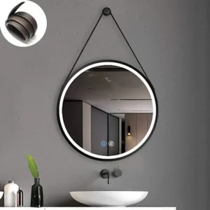 rectangular led mirror with black outline and leather strap